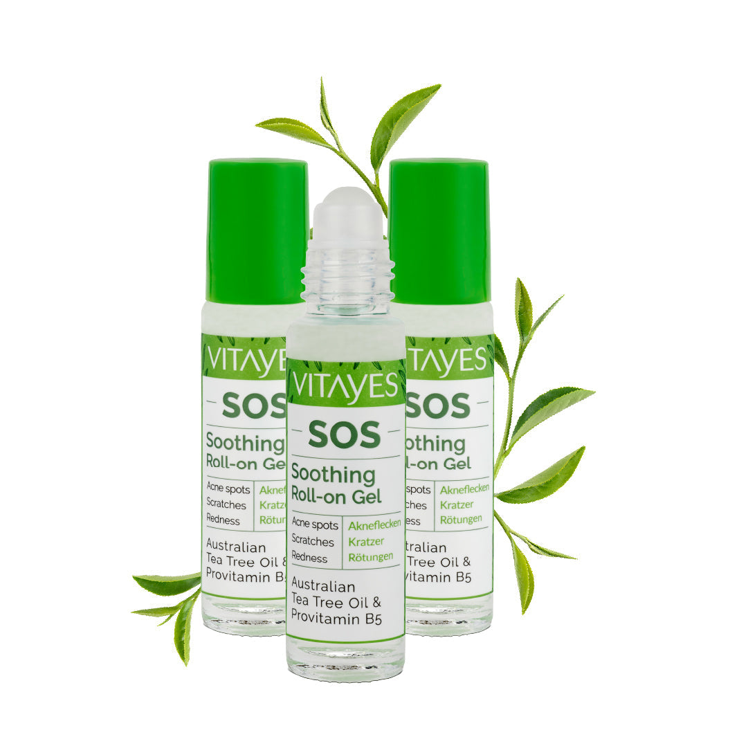 SOS tea tree oil roller, vitamin B5, against acne spots, scratches, skin inflammation, soothing roll-on pen