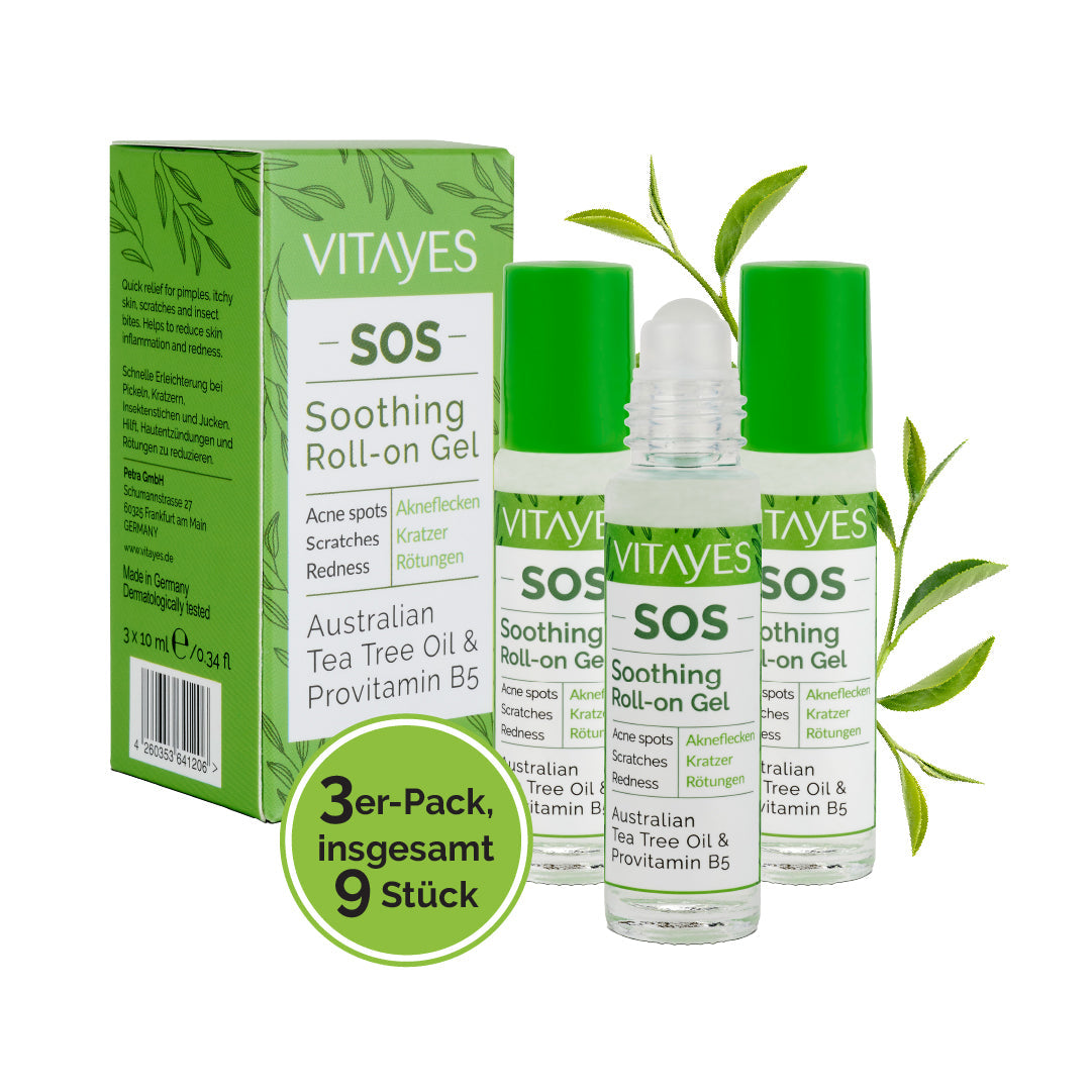 Repairing serum with natural tea tree extract against acne, pimples, blackheads, beneficial set of 3