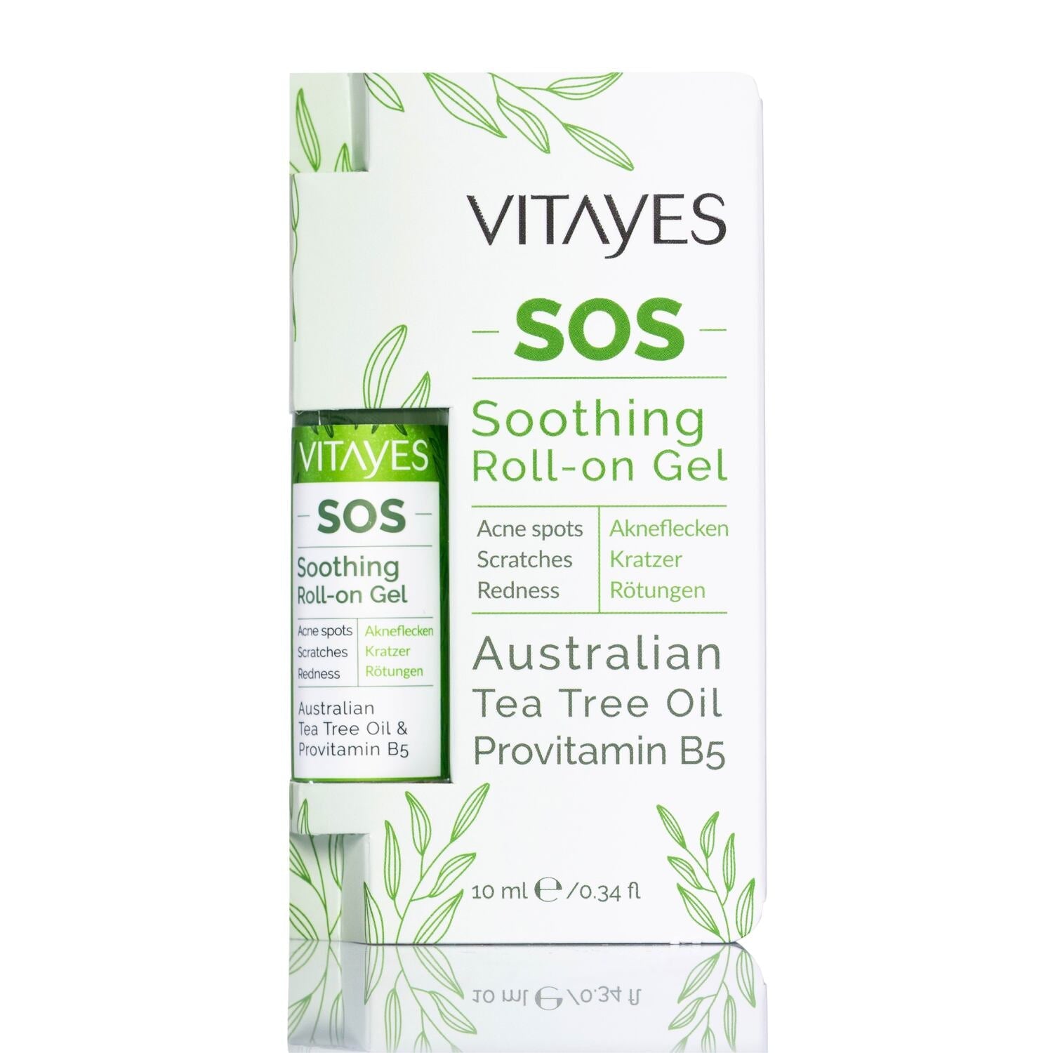 SOS tea tree oil roller, vitamin B5, against acne spots, scratches, skin inflammation, soothing roll-on stick 10ml