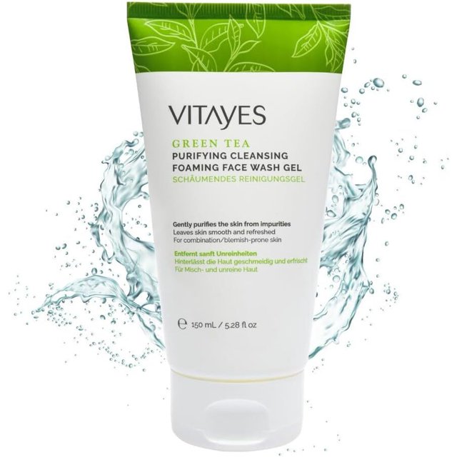 Vitayes Green Tea Face Wash Gel - Ideal for Acne & Blemish-Prone Skin, Vegan, Thorough Cleansing Without Skin Dryness, Free from Silicones and Mineral Oils 150ml