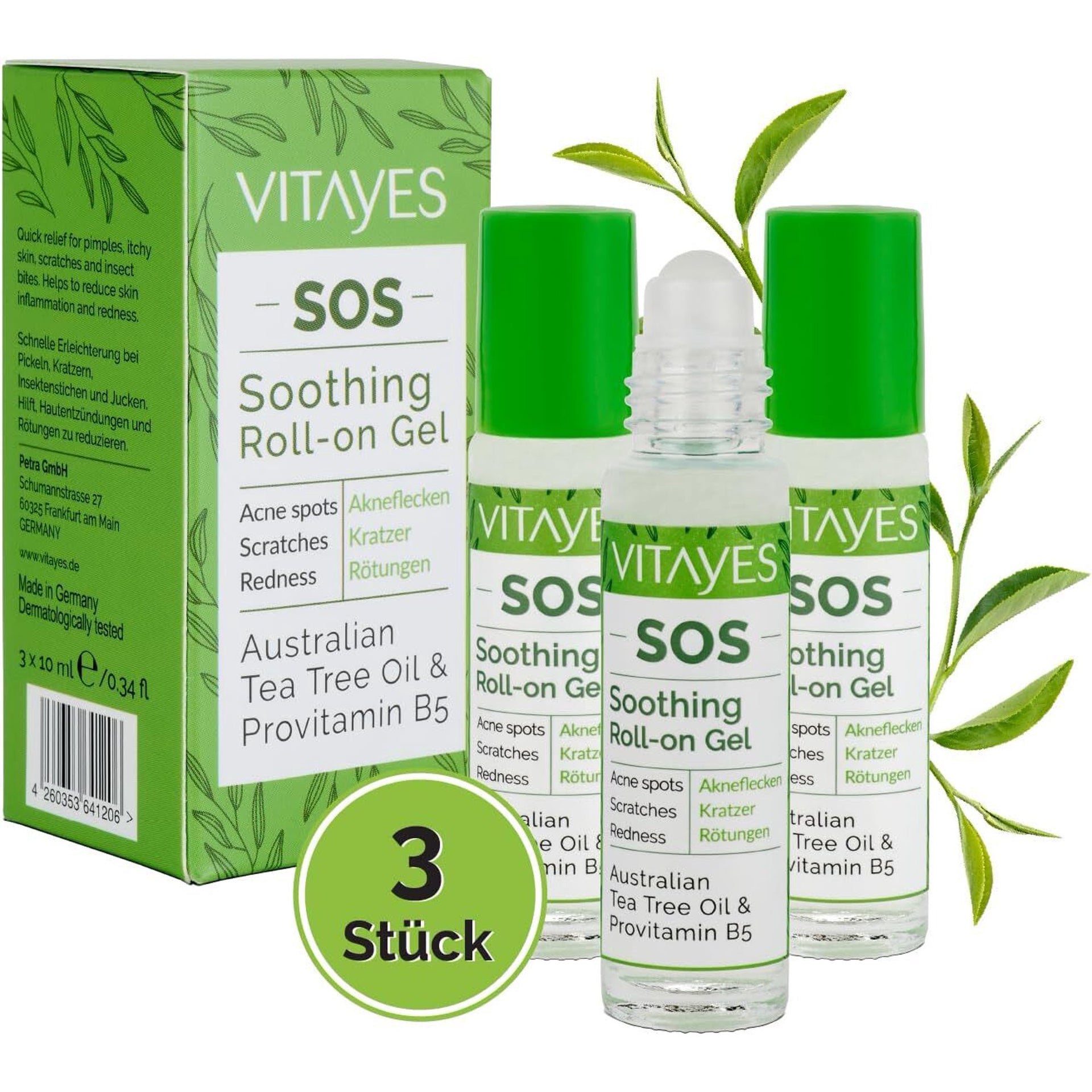 Vitayes SOS Tea Tree Oil Roller, Tea Tree Skin Serum, Vitamin B5, Acne Spots, Scratches, Skin Inflammation, Pimpure Skin, Vegan, Against Skin Redness